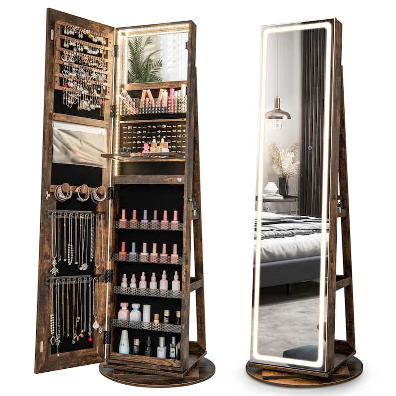 Costway 360° Swivel Jewelry Cabinet Organizer 3-Color LED Mirror with - See Details