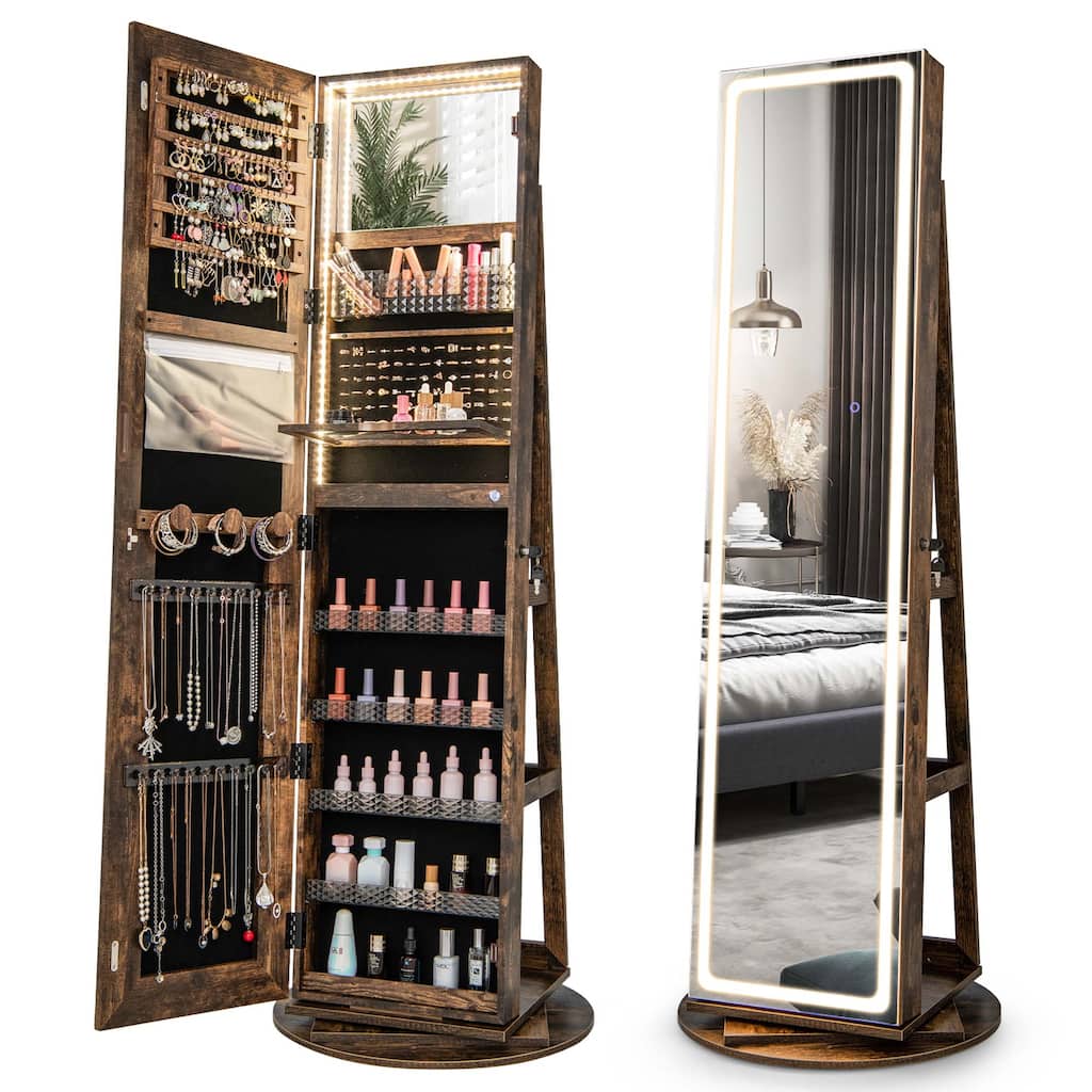 Costway 360° Swivel Jewelry Cabinet Organizer 3-Color LED Mirror with - See Details