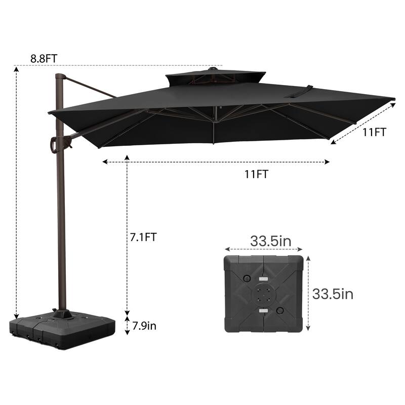 Pellebant 11X11FT Outdoor Patio Cantilever Offset 360 Degree Rotation Umbrella with Base Stand