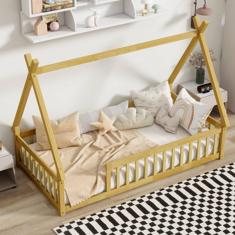 Twin Size Tent-shaped Floor Bed with Guardrails and Slats