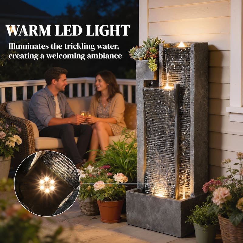 Outsunny 40" Tall Outdoor Waterfall Fountain with LED Lights and Planter, 3-Tier Cascading Waterfall Feature with Pump