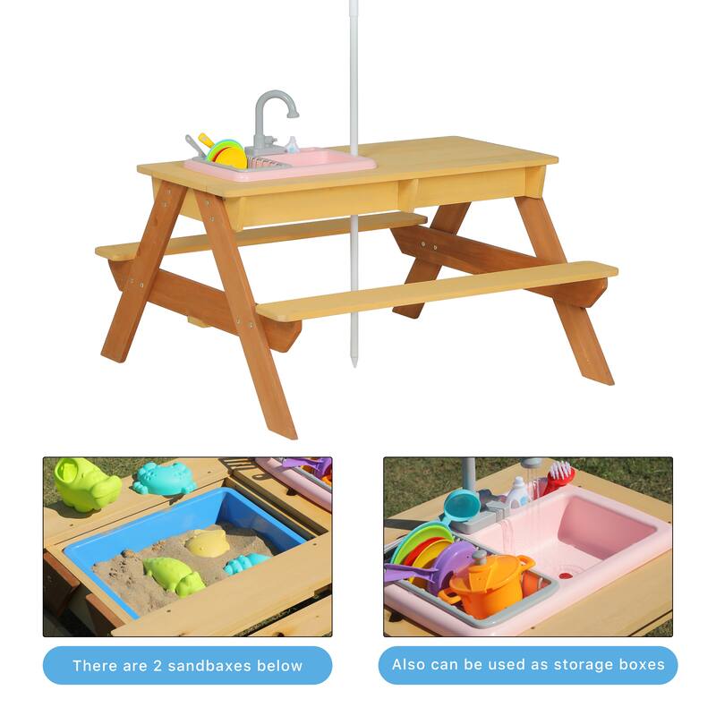 Anmytek Wooden Kids Picnic Table with Umbrella and 3 in 1 Sand and Water Activity Play Table for Outdoor Backyard Patio