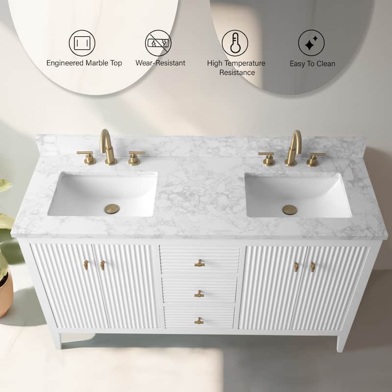 Vanity Art 60" Double Sink Bathroom Vanity Cabinet with Engineered Marble Top