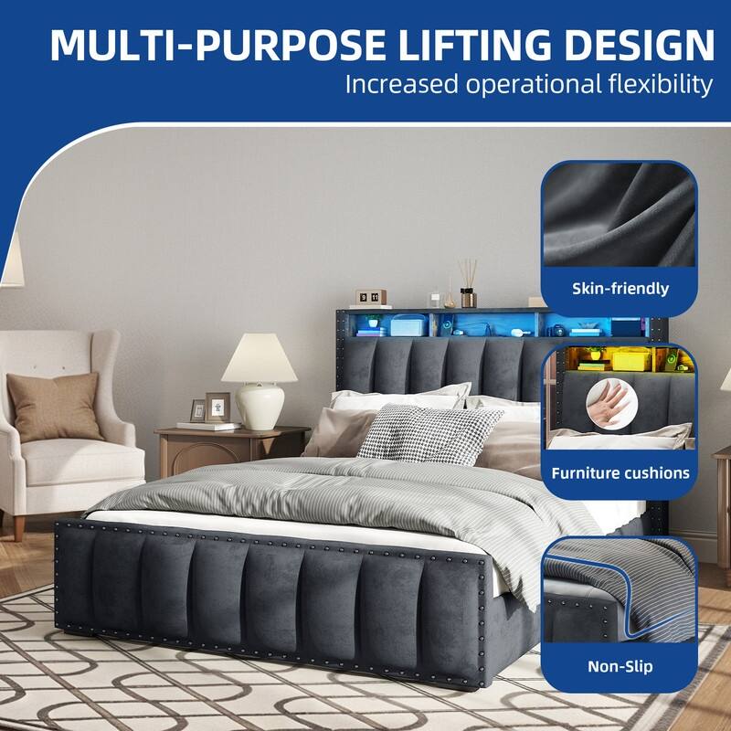 Moasis Full/Queen/King Velvet Upholstered Platform Bed Bedframe with Charging Station and 4 Storage Drawers