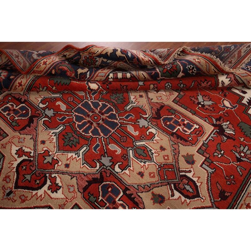 Orange Geometric Heriz Serapi Indian Area Rug Hand-Knotted Wool Carpet - 9'0"x 11'9"