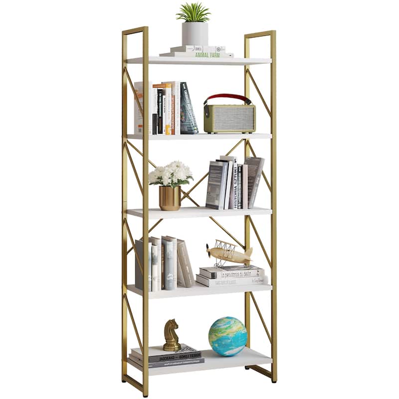 Rould Wood 5 Tiers Gold Frame Bookshelf Storage Rack Shelves Holder - White