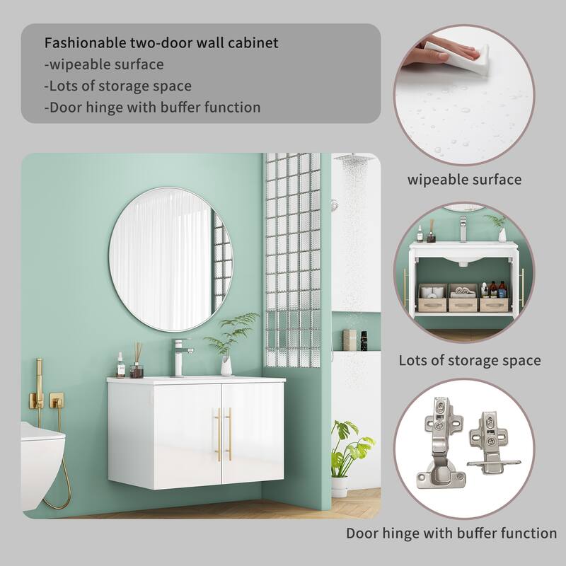 30-Inch Gloss Wall-Mounted Bathroom Vanity with Double Doors, Soft-Close Hangers,Long Gold Metal Handle