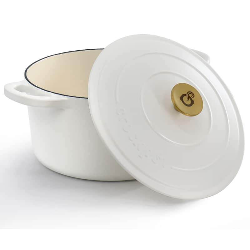 6 Quart Enameled Cast Iron Dutch Oven in Matte Linen with Gold Handle