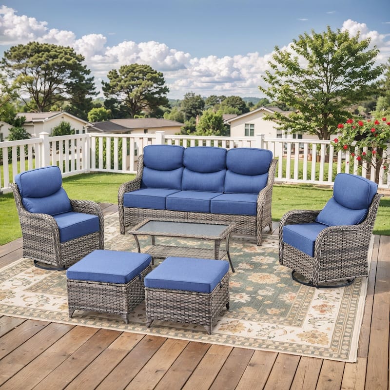 Outdoor Sofa with 6-Inch Thick Cushions Furniture for Porch - Grey Wicker Blue Cushion - 6PCS Sofa w/ Swivel Chair Table Ottoman