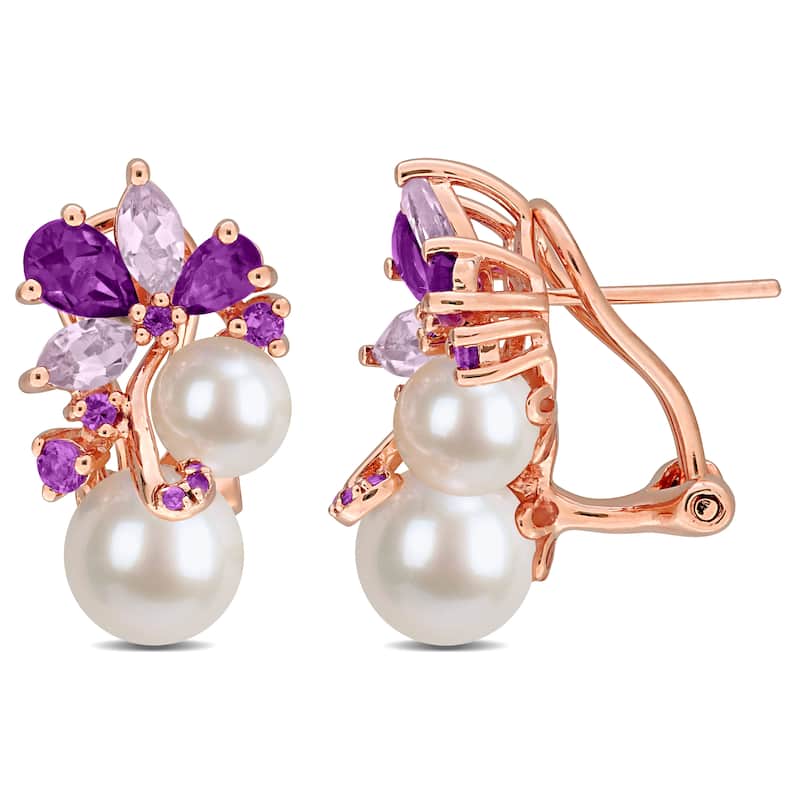 Miadora Cultured Freshwater Pearl and Gemstone Cluster Earrings Sterling Silver - Purple
