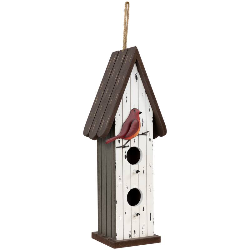 Wooden Birdhouse with Metal Bird Wall Decoration - 14.5" - Antique White