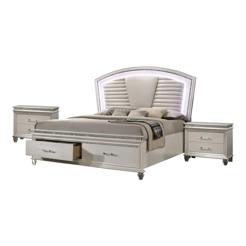 Furniture of America Xian Contemporary Wood 3-Piece Storage Platform Bedroom Set with LED Light - Pearl White - California King