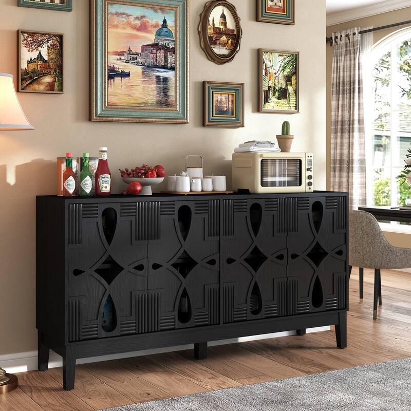 60.5" Vintage Sideboard Buffet Cabinet, TV Media Console Table, Wood Storage Cabinet with 2 Socket Hole & Adjustable Shelves - Black
