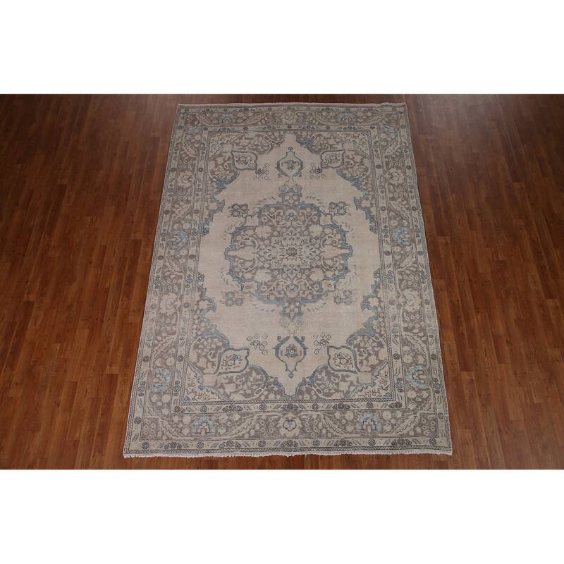 Distressed Tabriz Persian Area Rug Handmade Vintage Wool Carpet - 6'5" x 9'4"