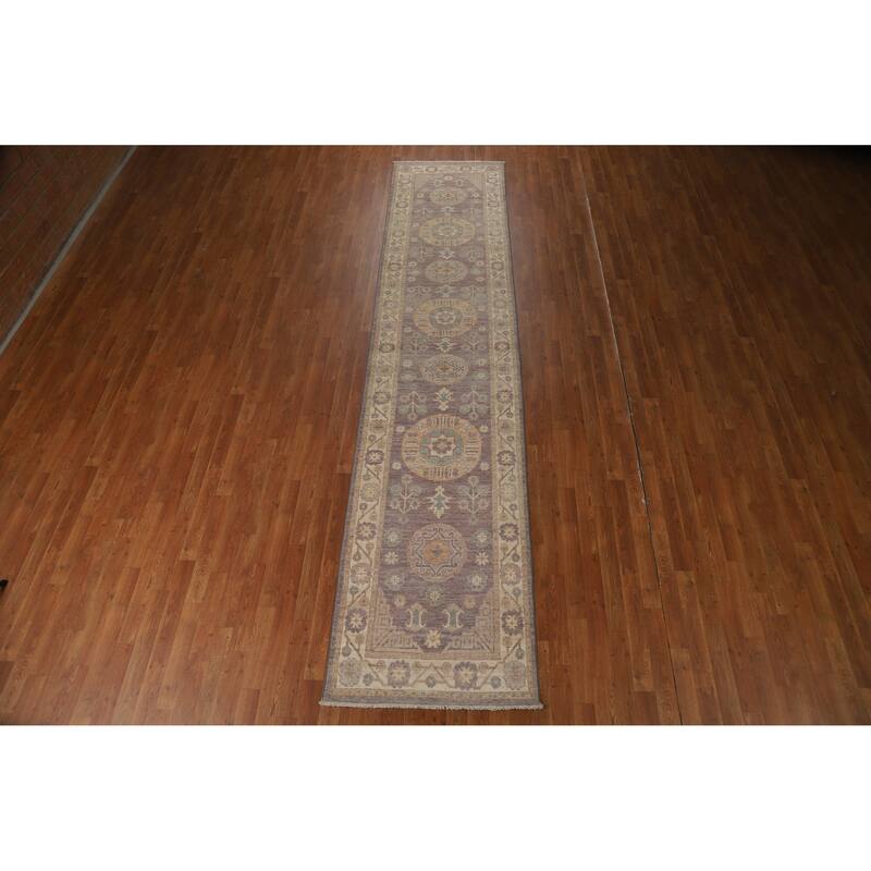 Hand Knotted Oriental 100% Wool Carpet Transitional All-Over Greys & Charcoal Oushak Runner Rug - 13' 1'' X 2' 10''