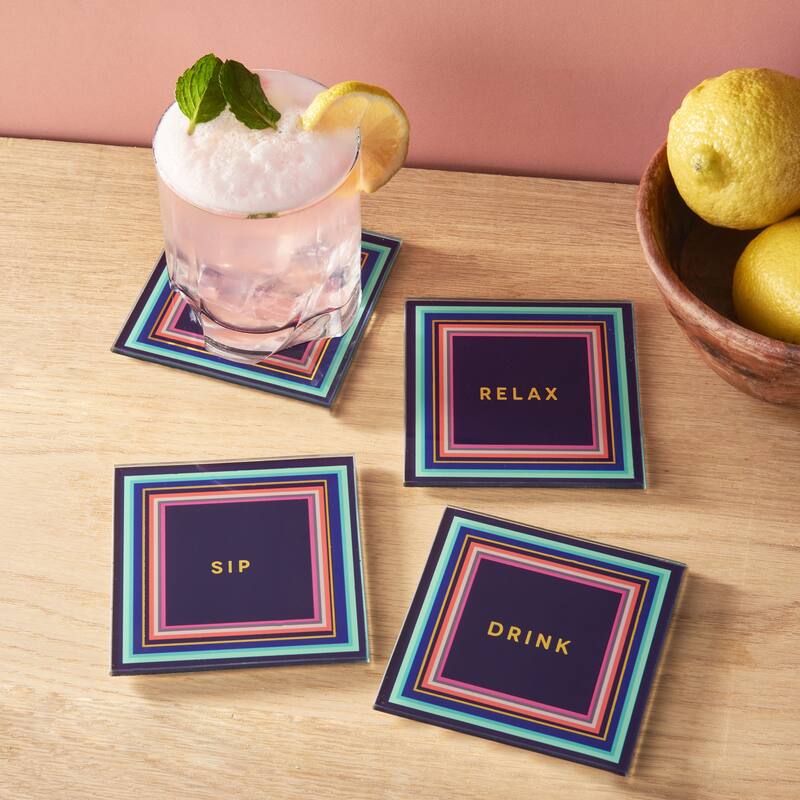 Cheers To You Aqua Set Of 4 Glass Coaster Set 4"D - 4 in. diameter