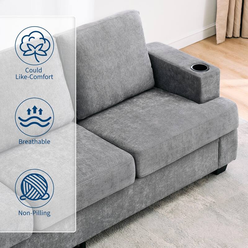 89" 3-Seater Sofa, Deep Seat Sofa, Modern Comfy Couches for Living Room with Cup Holders and Side Storage Pockets