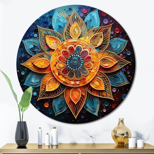 slide 2 of 8, Designart "Gold Teal Yoga Mandala Pointillism" Pointillism Metal Circle Wall Decor