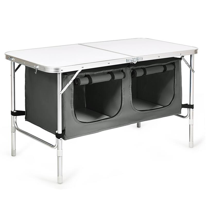 Aluminum Lightweight Portable Camping Table with Storage Organizer - White + Grey