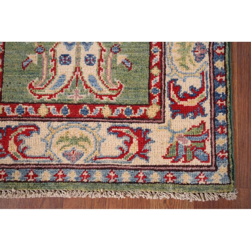 Green Geometric Kazak Foyer Rug Hand-Knotted Wool Carpet - 2'0" x 2'8"