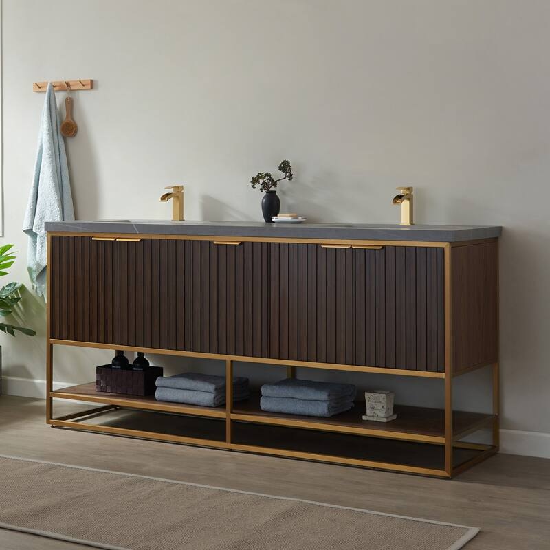 Donostia 72" Vanity in Walnut with stone countertop Without Mirror