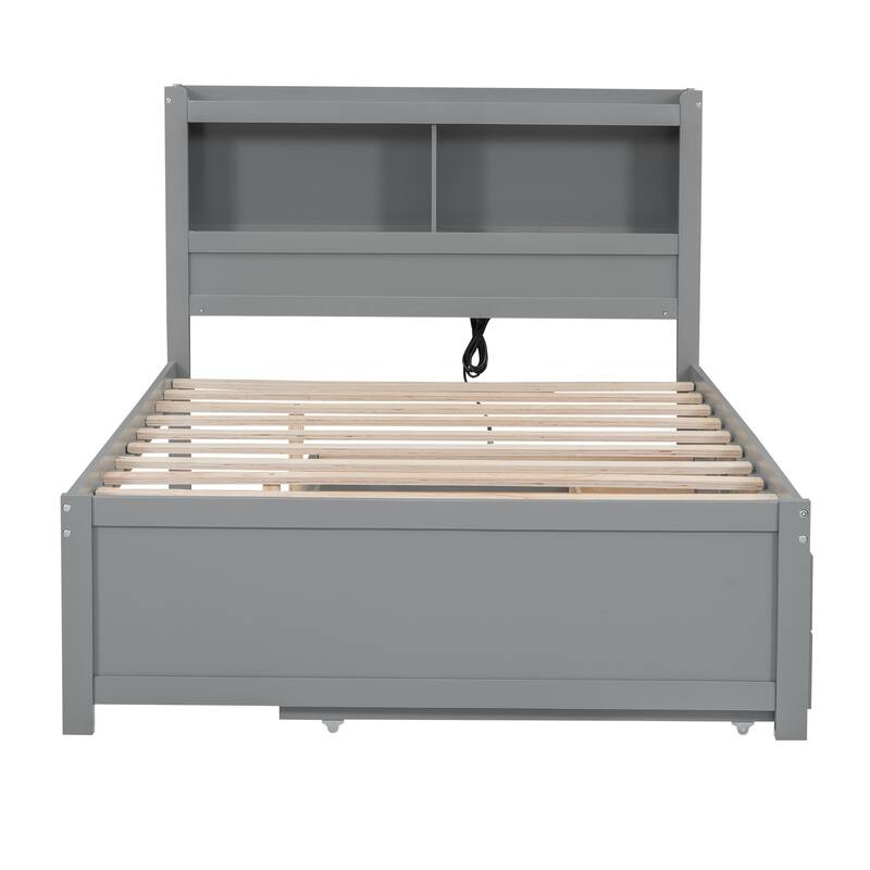 Full Size Storage Platform Bed with Trundle, Drawers and USB Ports in Gray