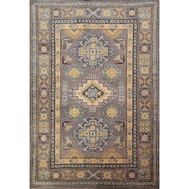 Gray Geometric Kazak Foyer Rug Hand-Knotted Wool Carpet - 2'8"x 4'1"