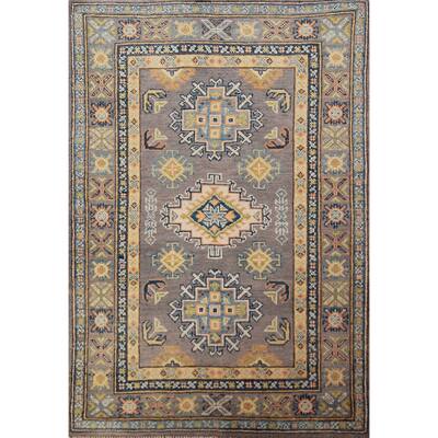 Gray Geometric Kazak Foyer Rug Hand-Knotted Wool Carpet - 2'8"x 4'1"