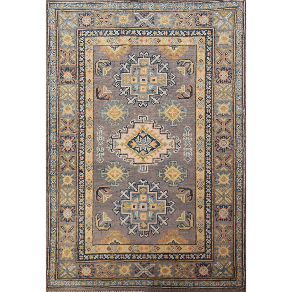 Gray Geometric Kazak Foyer Rug Hand-Knotted Wool Carpet - 2'8"x 4'1"