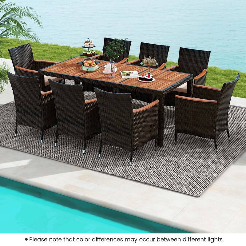 Costway 9PCS Patio Wicker Dining Set Acacia Wood Table Top Umbrella - See Details