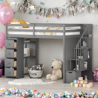 Multi-Functional Twin size Loft Bed with Storage Drawers, Shelves and Stairs, Sturdy Construction & Maximized Space, Grey
