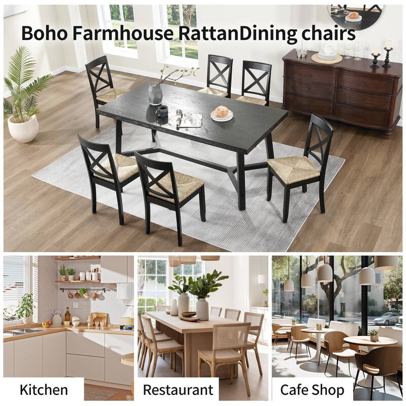 Bohemian 17" W Natural Weave Seagrass Rattan Seat Cross Back Dining Chairs