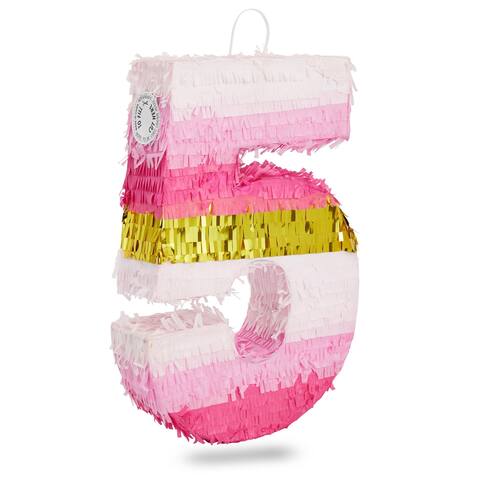 Small Pink and Gold Foil Number 5 Pinata for Kids 5th Birthday Party Decorations (16.5 x 11.6 In)