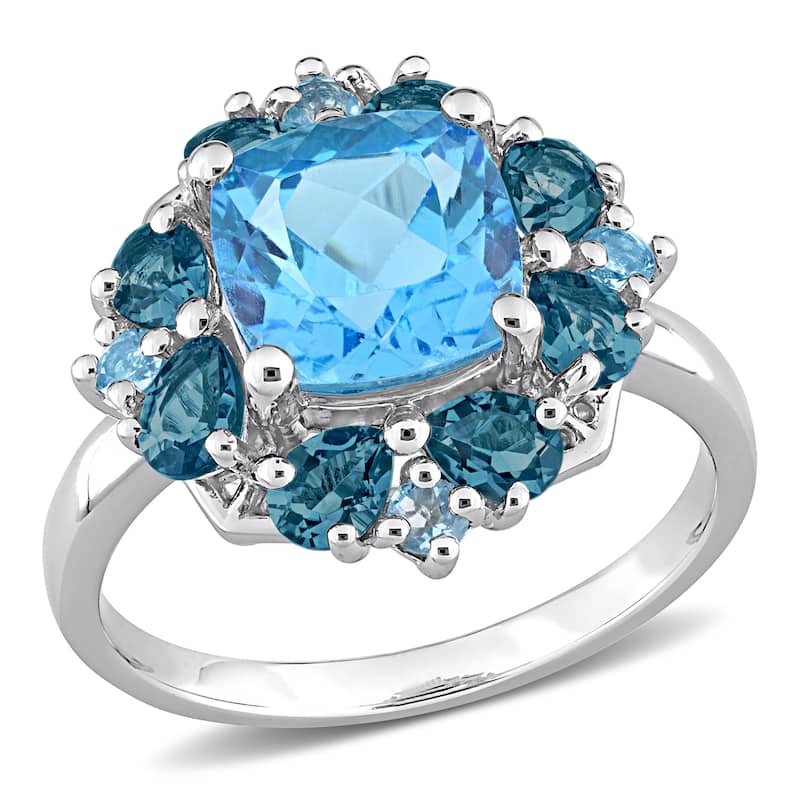 Miadora Sterling Silver 4 1/10ct TGW Swiss-Blue Topaz Floral Halo Cocktail Ring
