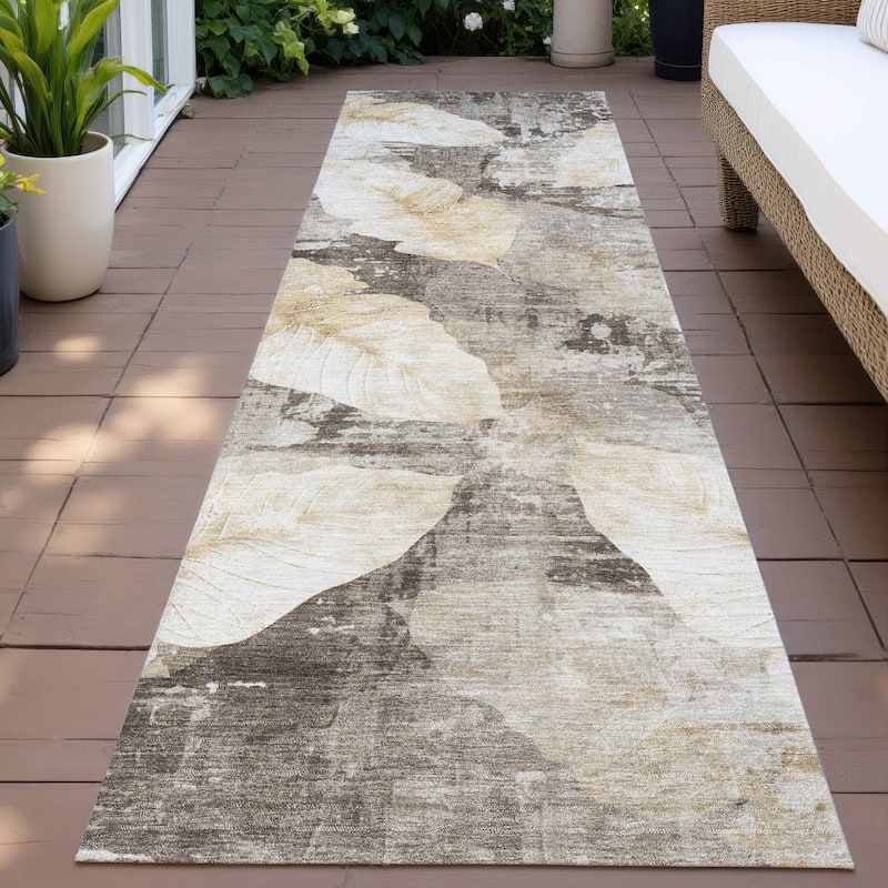 Machine Washable Indoor/Outdoor Modern Leaf Chantille Rug - Brown - 2'3" x 7'6"