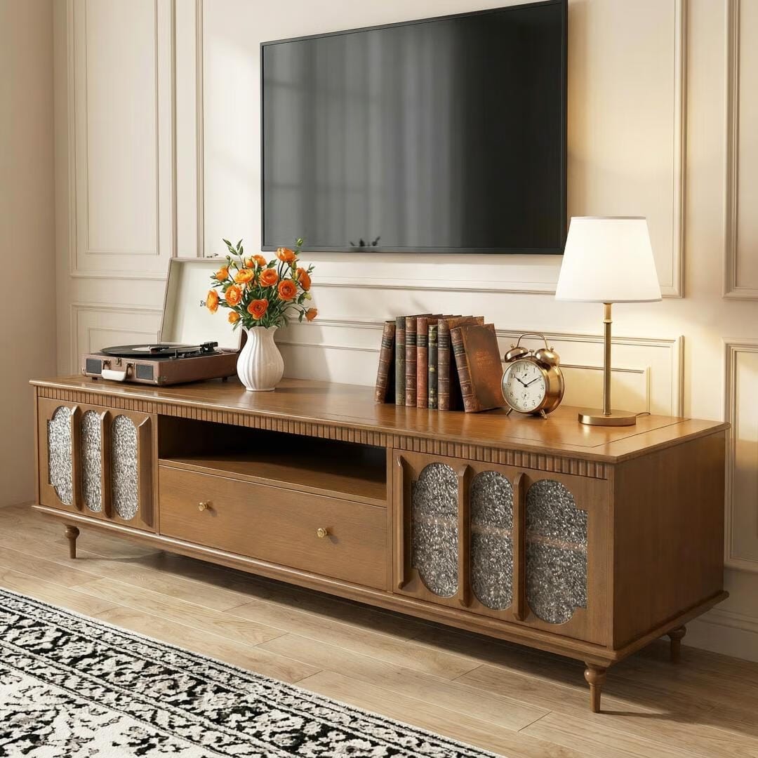 79 Inch Mid Century Walnut TV Stand With Fluted Glass Doors And Drawer - 78.74" W x 14.96" D x 24.52" H