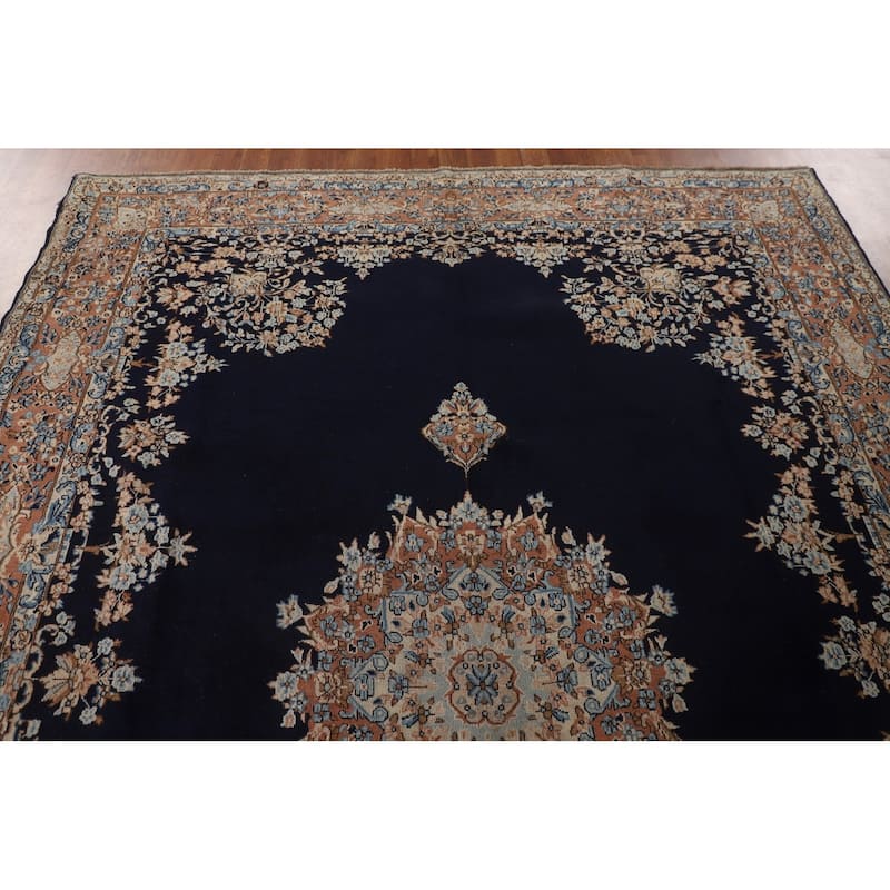 Navy Blue Floral Kerman Persian Antique Area Rug Handmade Wool Carpet - 6'11" x 9'7"