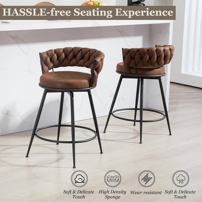 XINMICS 360° Swivel Bar Stools, 24 Inches Modern Counter Height Bar Stools with Woven Back, Upholstered Suede Tall Barstools