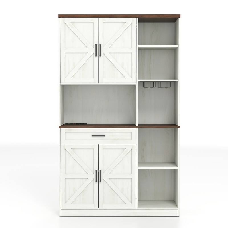 Multifunctional Kitchen Pantry Sideboard with Cabinet and Drawer, Glass Holder, Microwave Stand with Charging Station