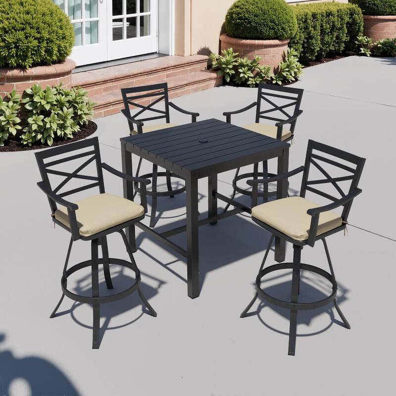3/5-Piece Outdoor Swivel Aluminum Bar Stools with Sunbrella Cushion and Table Set - Canvas Antique Beige - Set of 5