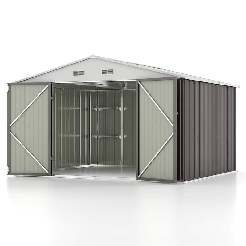 Patiowell 10' x 8'/10' x 10'Metal Outdoor Storage Shed with Goods Shelves/Floor Frame Garden Tool Shed for Backyard Garden - 10' x 8' with Shelf & Floor Frame - Grey