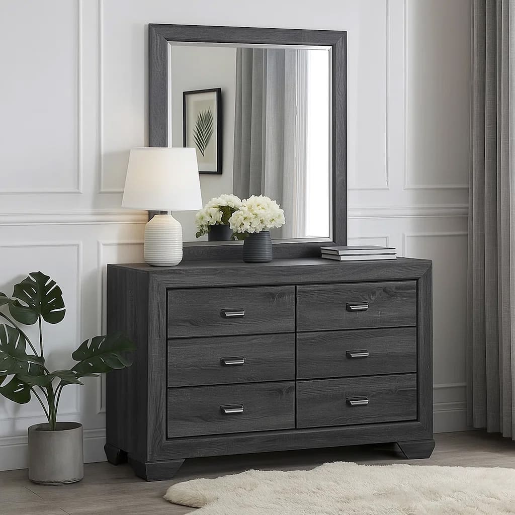 6 Drawer Wooden Dresser with Raised Border and Cup Pulls, Dark Gray
