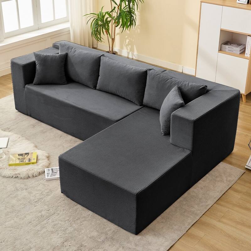 Mixoy W106'' Modern 2-Piece Free Combination Corduroy Upholstered L-Shaped Modular Sectional Sofa with Right Chaise and Pillow