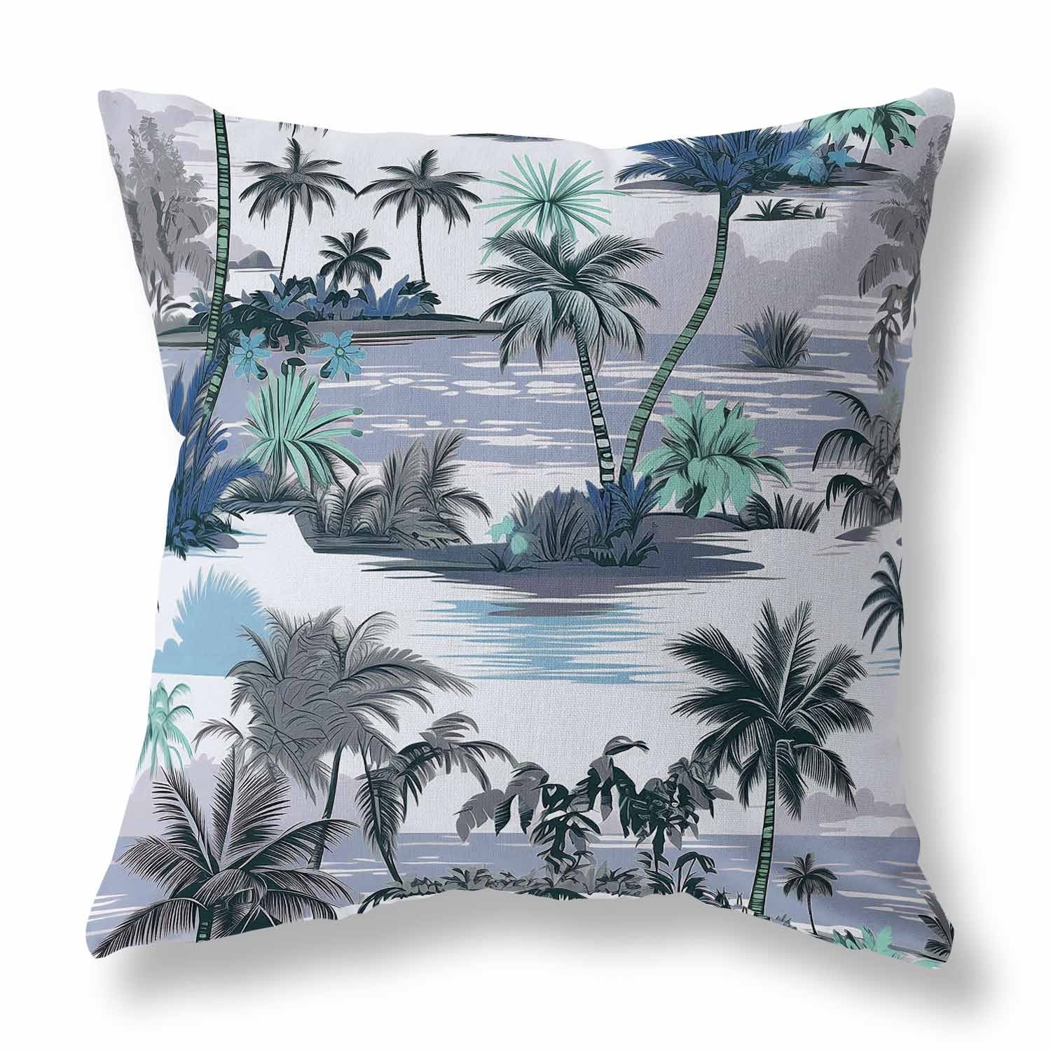 Grey And Blue Tropical Beach Indoor/Outdoor Throw Pillow Zipper