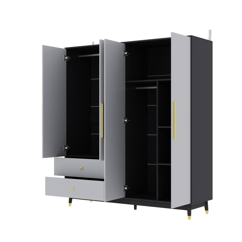 Wooden 2 Drawers 4 Doors Wardrobe Armoire With Mirror (Gray/Black)