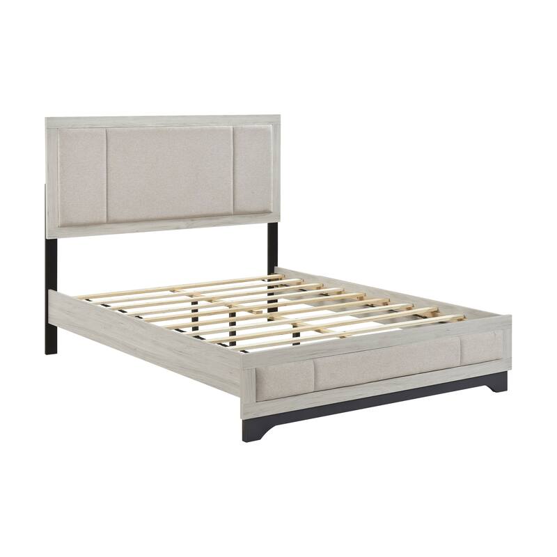 Modern Two-Tone White Oak & Gray Upholstered Queen Platform Bed with Headboard and Footboard