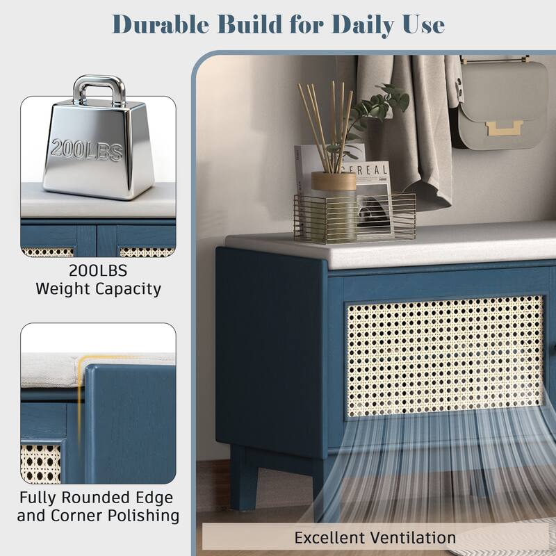 Roomfitters Entryway Storage Bench, Boho Rattan Cabinet, Hallway Organizer Seat with Cushion