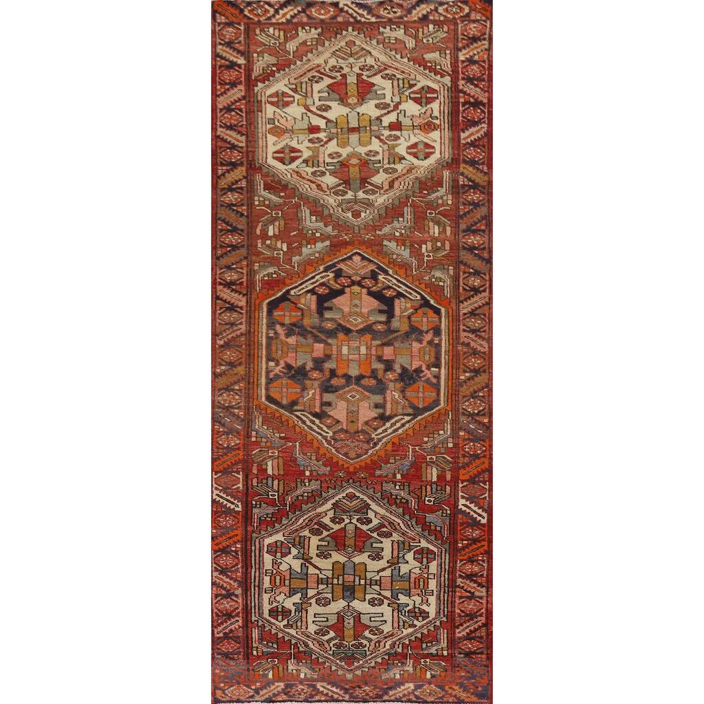 Geometric Hamedan Persian Vintage Runner Rug Hand-knotted Wool Carpet - 3'6"x 10'6"