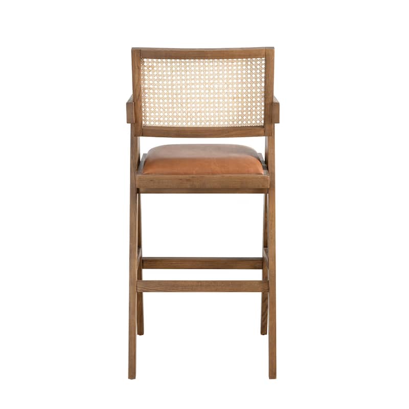 Harley Nutmeg Brown Solid Wood and Rattan Upholstered Counter or Bar Height Barstool