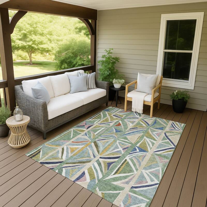 Machine Washable Indoor/ Outdoor Modern Mosaic Chantille Rug - Sage - 3' x 5'
